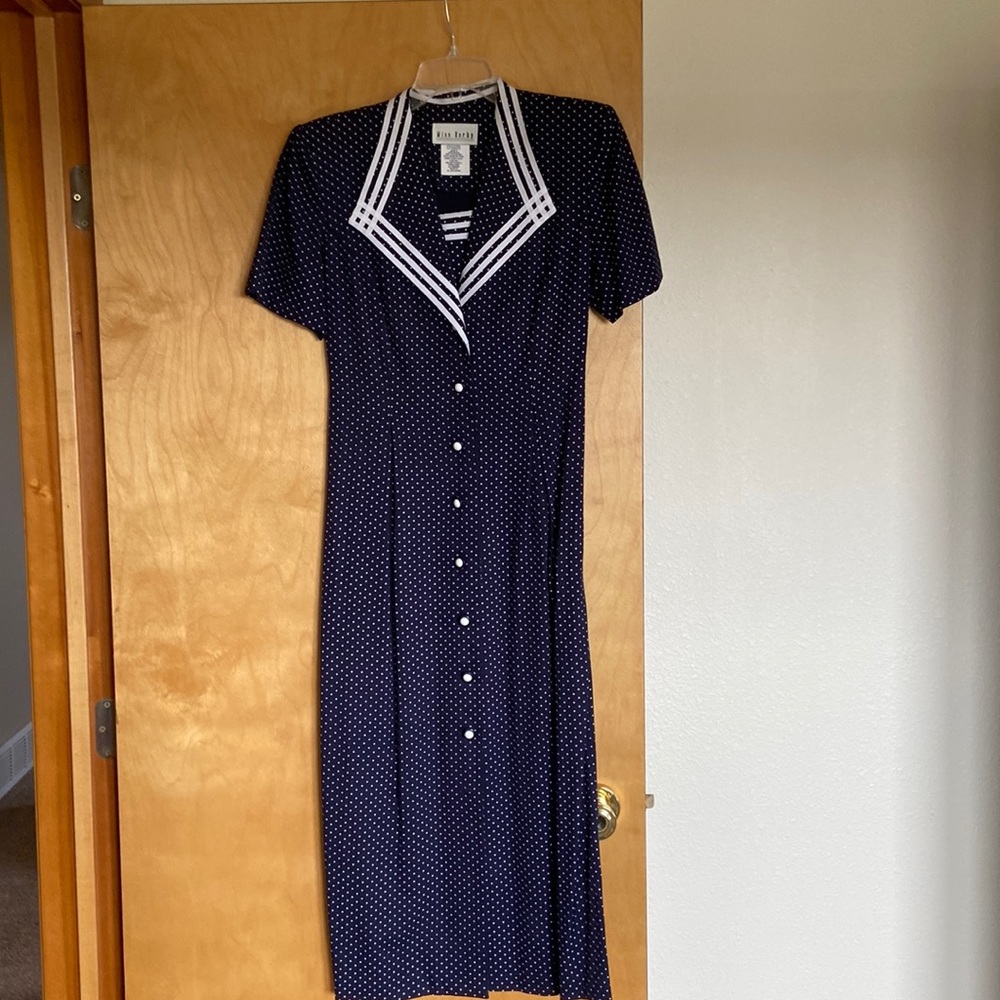 Miss Dorby navy polka dot sailor dress Size 8 Rayon/Polyester blend.